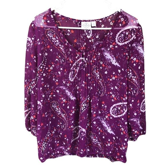 St. John’s Bay Blouse Semi Sheer Purple Paisley Print Tie Front 3/4 Sleeves XL - Picture 4 of 12